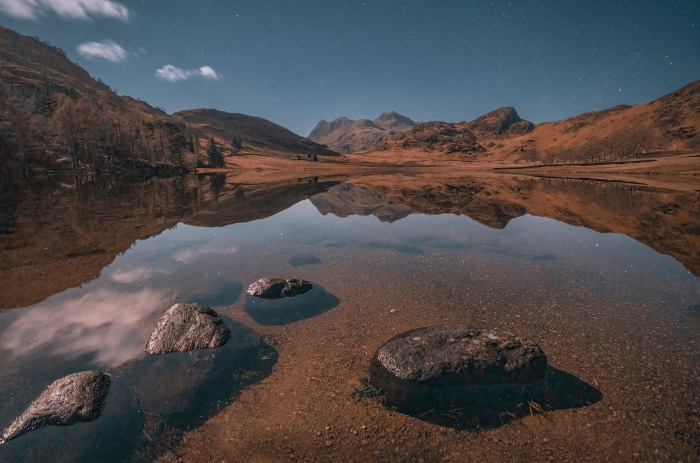 Lake with mountain reflection and rocks
