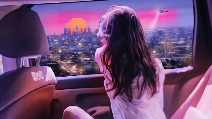 Woman looking out car window at city sunset