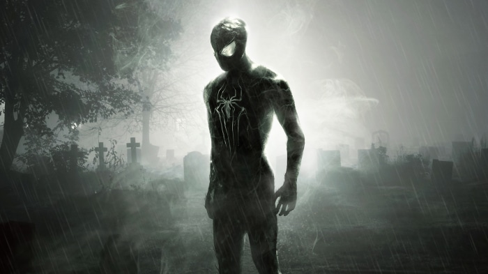 Spiderman in a graveyard