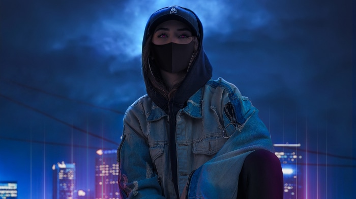 Digital art of a masked person in a denim jacket
