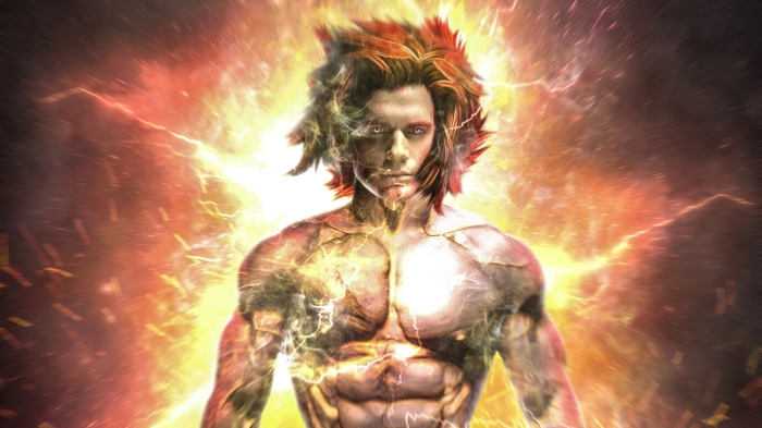 Man with spiky hair and glowing body