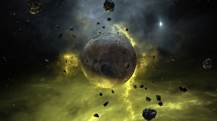 Planet and asteroids in a nebula, digital art 4K
