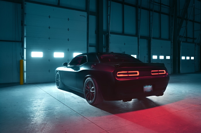 Black Dodge Challenger SRT Hellcat Widebody in garage