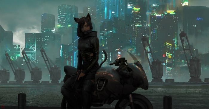 Sci-fi artwork of a cat-eared woman on a motorcycle in a futuristic city