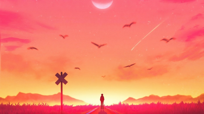Digital art of a person standing on a railroad track at sunset
