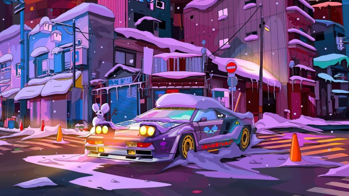Sci-fi car in a snowy city