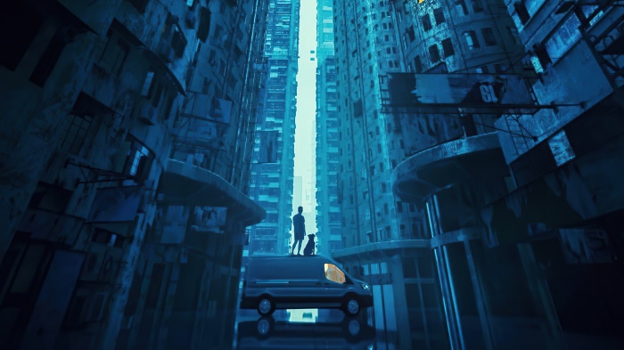 Man and dog on van in futuristic city
