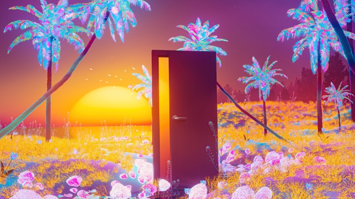 Surreal digital art of a door opening to a sunset