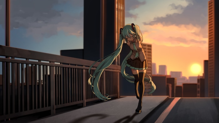 Hatsune Miku from Vocaloid walking at sunset