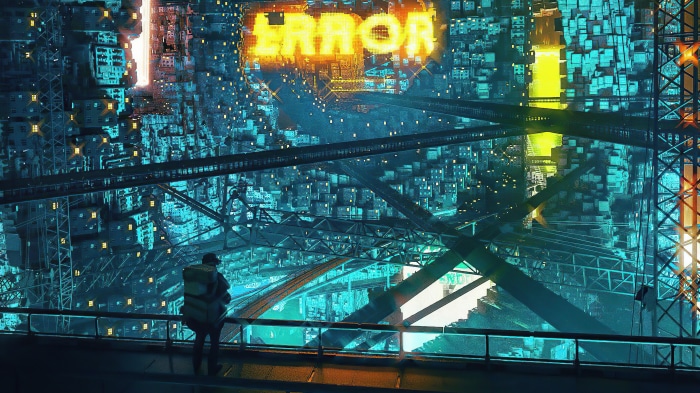 Sci-fi city with ERROR sign