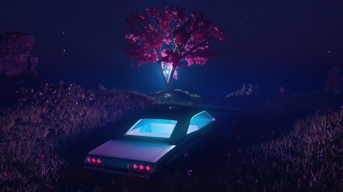 Digital art of a car and a glowing tree