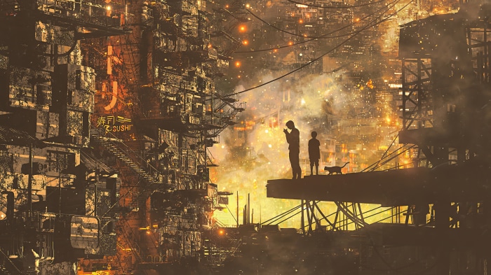 Digital art of a futuristic city at night