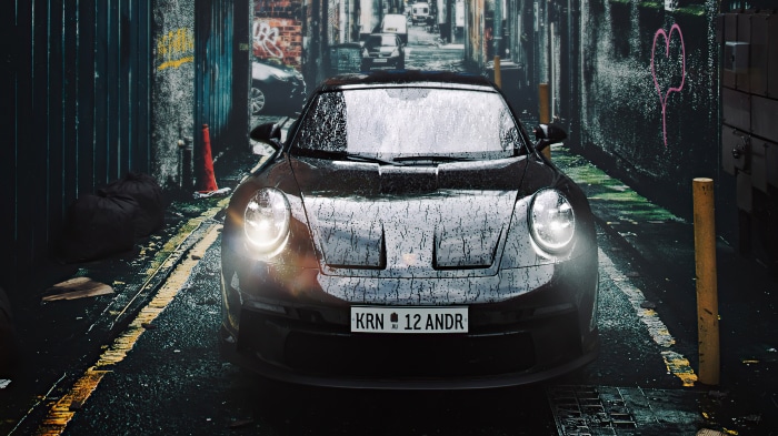 Porsche 911 in a Rainy Alley