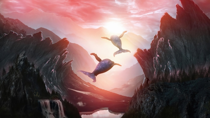 Digital art of two whales flying over mountains