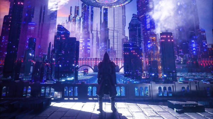 Warrior overlooking a futuristic city at night