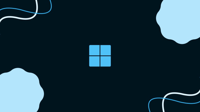 Windows 11 logo on a dark background with abstract shapes
