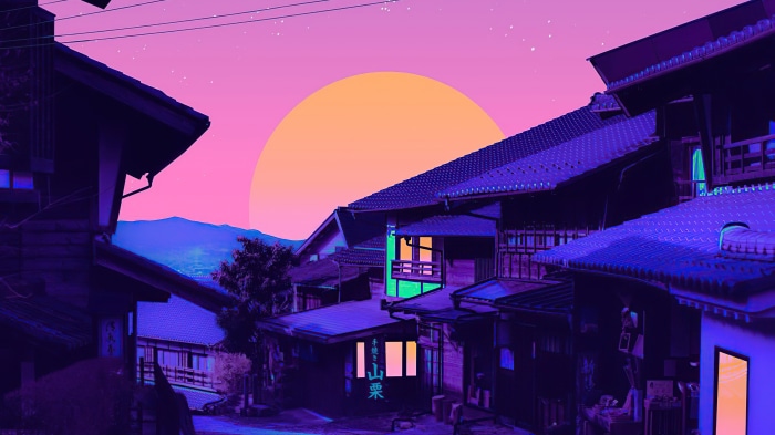 Outrun digital art with Japanese houses and sunset