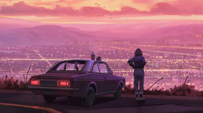 Girl and car overlooking city at sunset