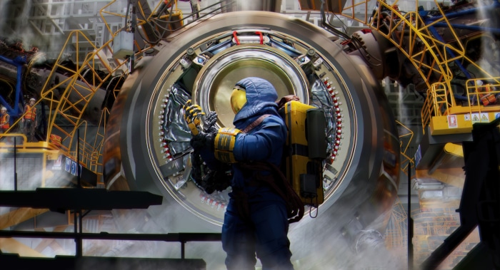 Artwork of a person in a hazmat suit near a large machine