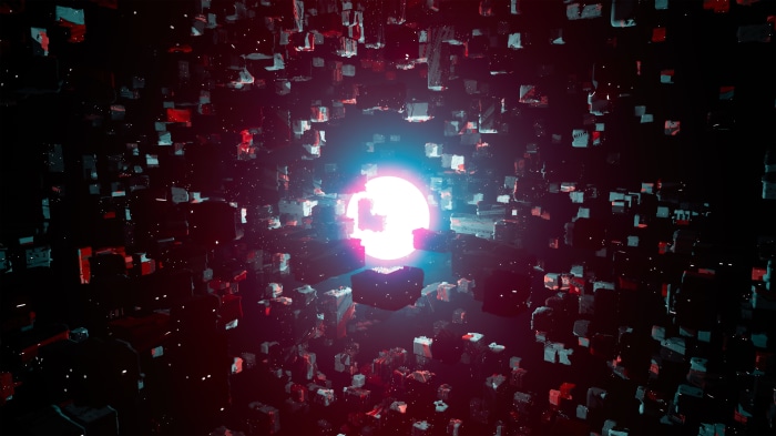 Abstract digital art with glowing orb and cubes