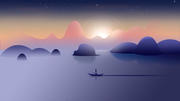 Minimalist digital art of a boat on a lake at sunrise