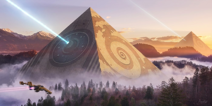 Sci-fi pyramids with lasers and spaceship