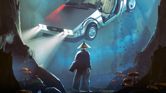 DeLorean time machine in a cave with a person