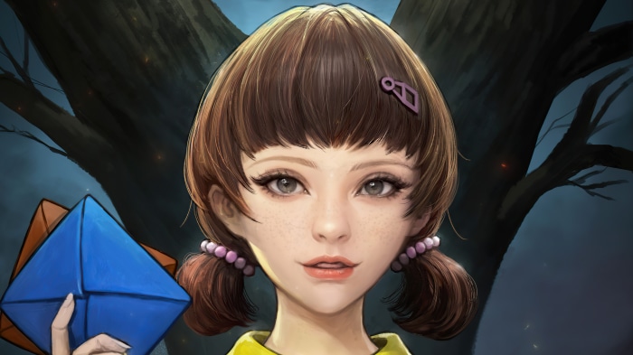 Young girl from Squid Game holding paper shapes