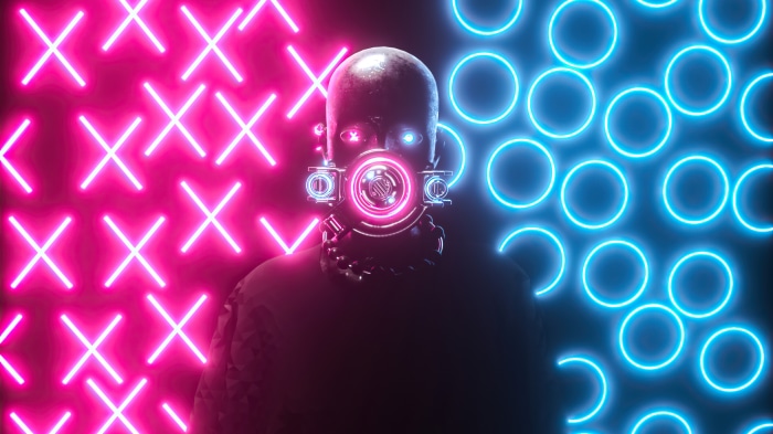 Man with gas mask and neon lights