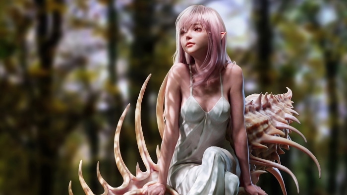 Elf girl sitting on a shell-like structure