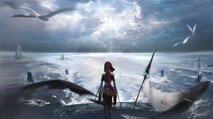 Artwork of a woman with a spear in a futuristic landscape