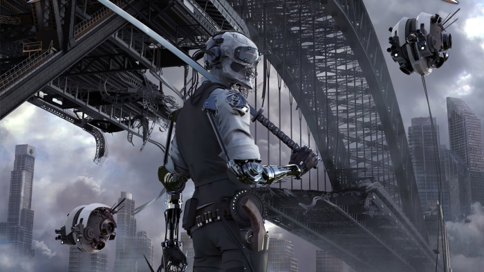 Robot with sword under bridge in city