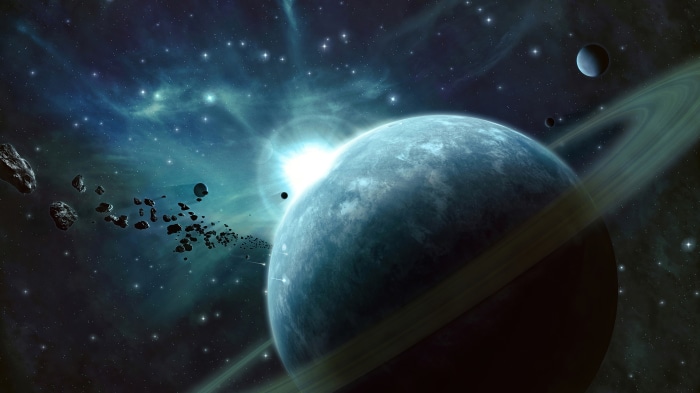Digital art of a ringed planet in space