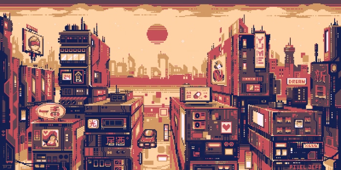 Pixel art cityscape with buildings and a sunset