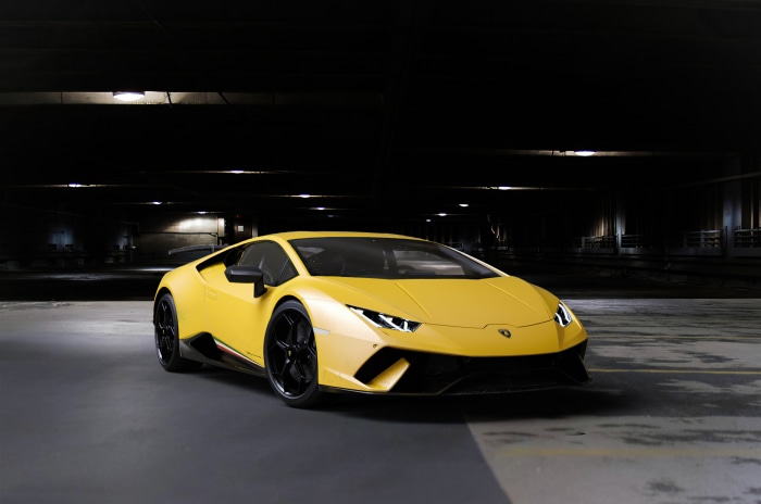 Yellow Lamborghini Huracan Performante in parking garage