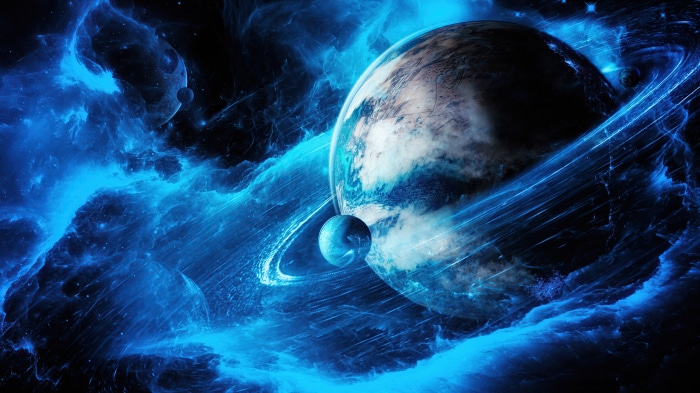 Digital art of planets and nebulae in space