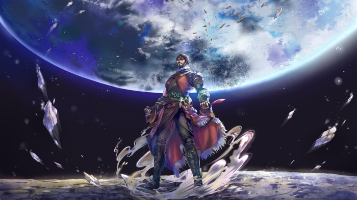 Man in ornate armor standing on a rocky surface with a planet in the background