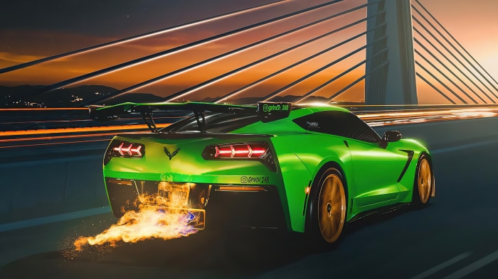 Green Chevrolet Corvette C7 with flames 4K