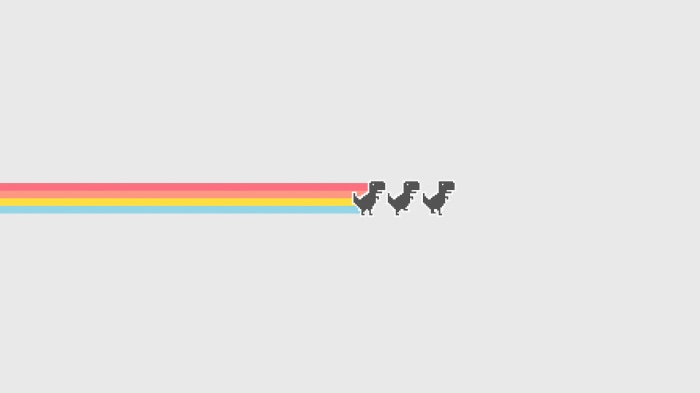 Pixelated T-Rex dinosaurs on a rainbow trail