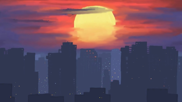 Digital art of a city skyline at sunset