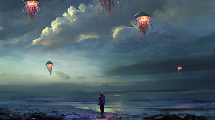 Digital art of jellyfish in the sky over a beach