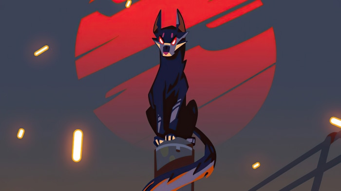 Minimalist artwork of a black fox with red eyes