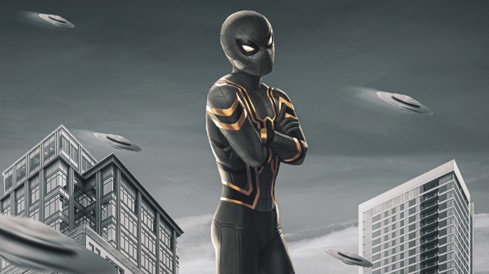 Spider-Man in Iron Spider suit with UFOs over city