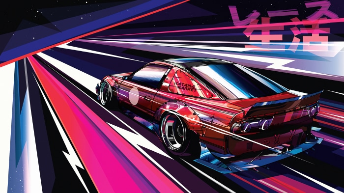 Red Nissan Silvia S13 drifting on a neon road