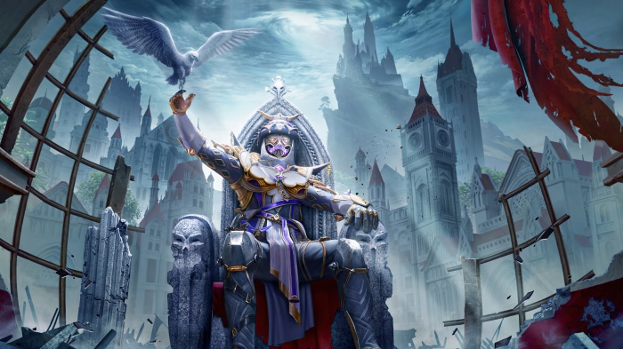 Player in ornate armor on a throne with a bird