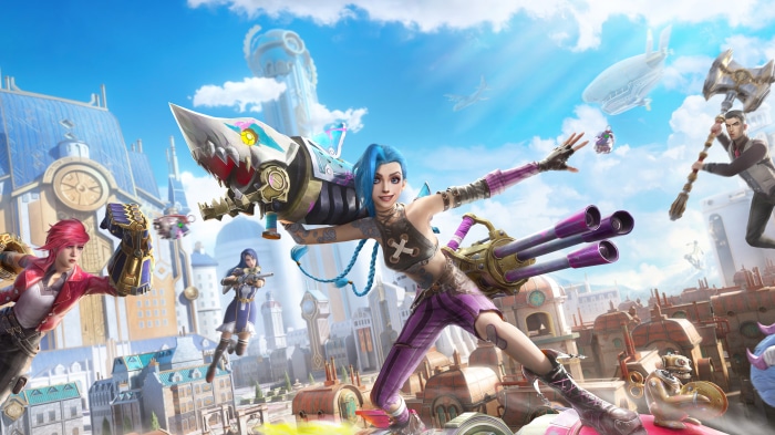 Jinx and Vi from Arcane in a city