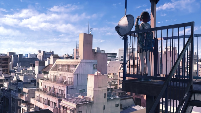 Anime girl on rooftop overlooking city