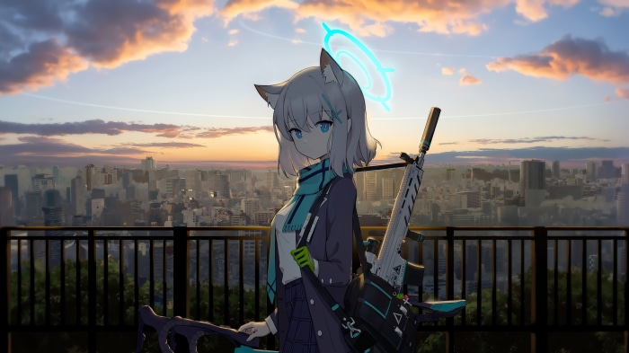 Anime girl with halo and rifle overlooking city
