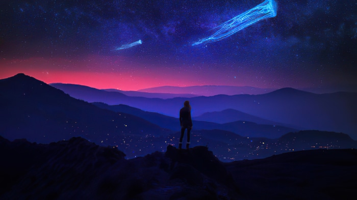 Digital art of a person looking at jellyfish in the night sky