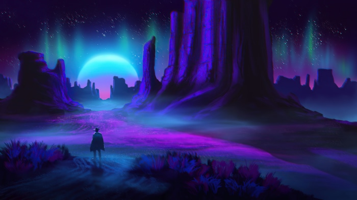 Digital Art of a Lone Figure in a Surreal Alien Landscape